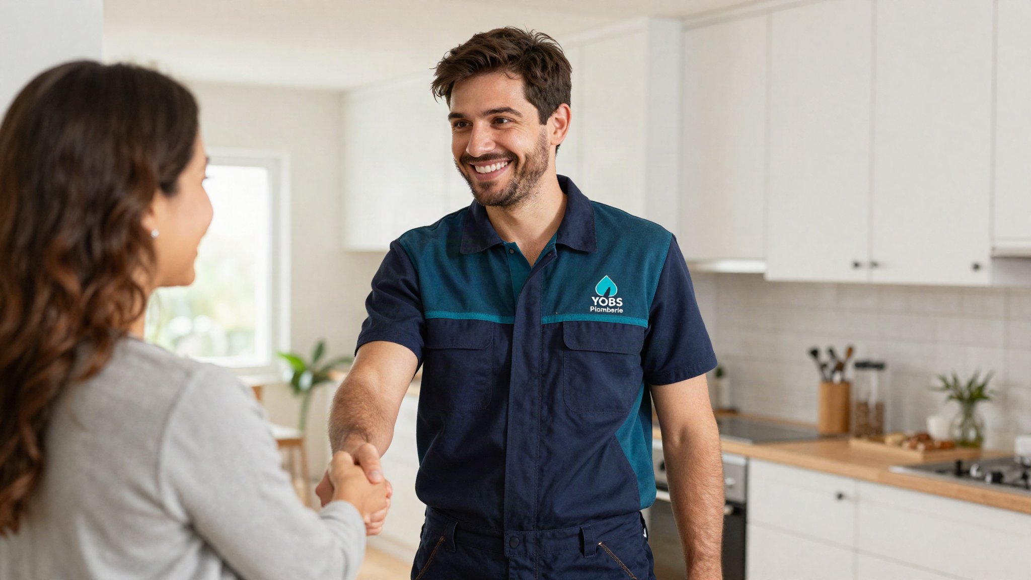a friendly professional plumber wearing